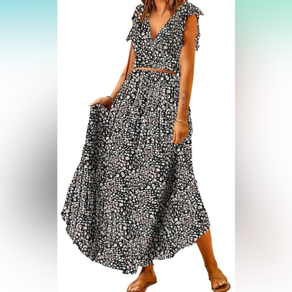 Black and White Smocked A-Line Midi Skirt Set
